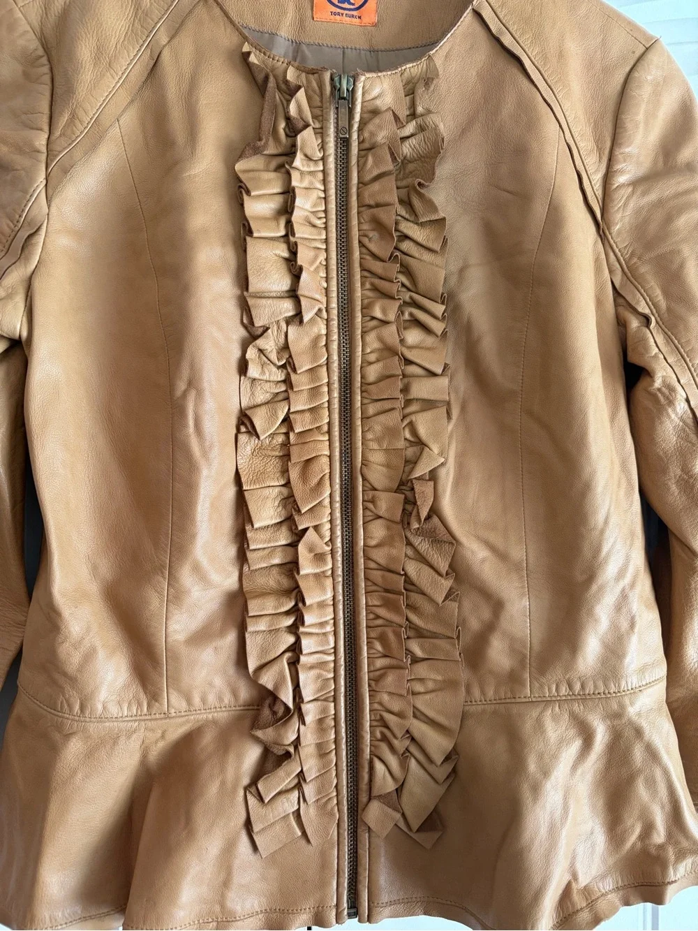 Tory Burch Ruffle Leather Jacket Tan Cognac Brown 3/4 Sleeve Full Zip Women Sz 6